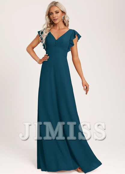 Ruffled A-line V-neck Floor-length Chiffon Bridesmaids Dress