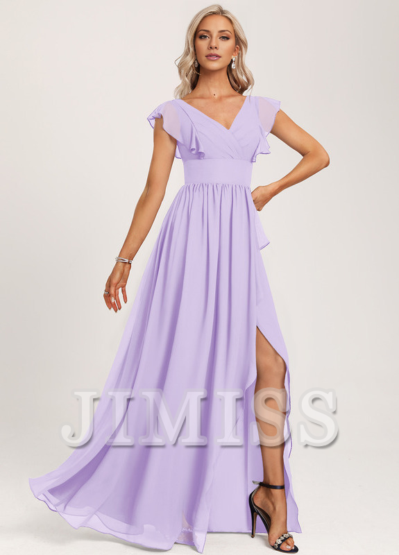 Ruffled A-line V-neck Floor-length Chiffon Bridesmaids Dress