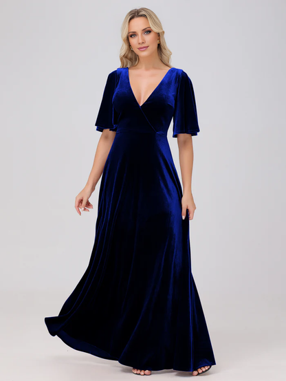 A-line V-neck short sleeved velvet and floor length bridesmaid dress
