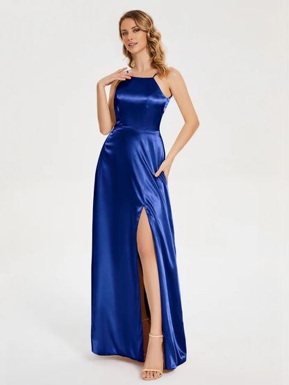 Thin shoulder strap slit backless soft satin and floor length bridesmaid dress