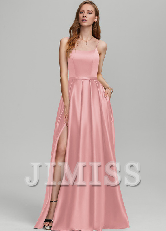 A-Line Square Floor Length Satin Bridesmaids Dress