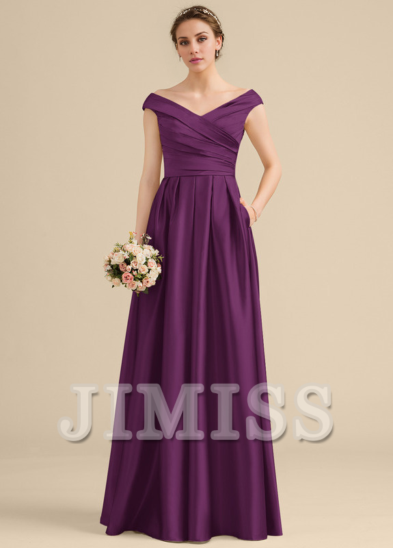 Ruffled A-Line Off-The-Shoulder Floor-Length Satin Bridesmaids Dress