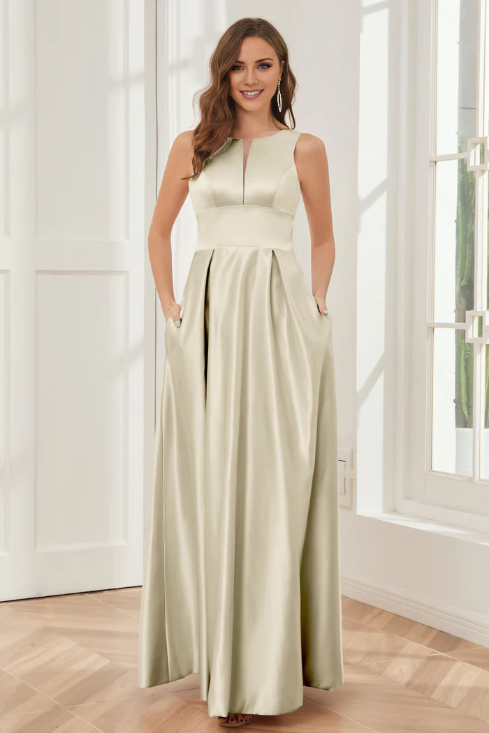 A-line sleeveless satin and floor length bridesmaid dress