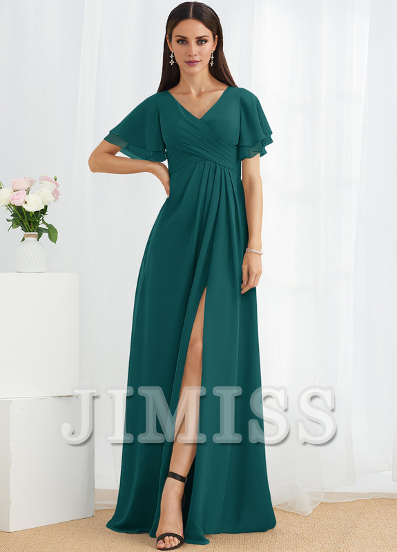 A-line V-neck floor-length chiffon bridesmaid dress