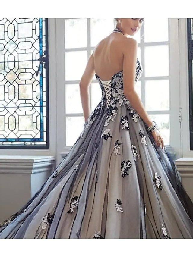 A-Line Wedding Dresses Sweetheart Neckline Court Train Lace Tulle Strapless Romantic Backless with Beading Lace Insert - RongMoon