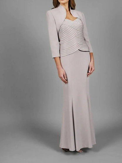 Two Piece Sheath / Column Mother of the Bride Dress Elegant V Neck Ankle Length Stretch Fabric Sleeveless with Ruching - RongMoon