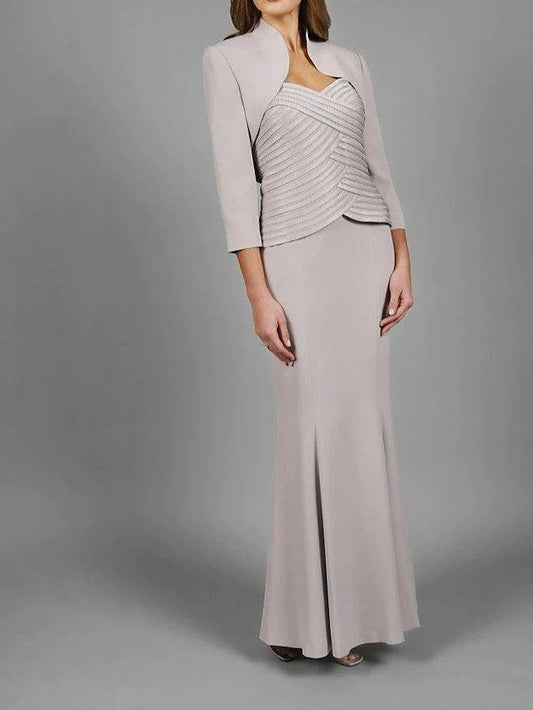 Two Piece Sheath / Column Mother of the Bride Dress Elegant V Neck Ankle Length Stretch Fabric Sleeveless with Ruching - RongMoon