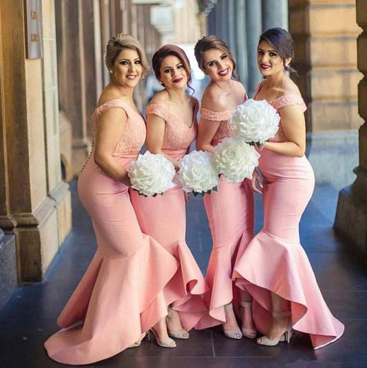 Hi Low Bridesmaid Dresses For Women Mermaid Off The Shoulder Lace Long Cheap Under 50 Wedding Party Dresses - RongMoon