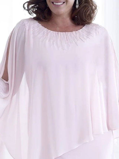 Sheath / Column Mother of the Bride Dress Plus Size Elegant Jewel Neck Knee Length Chiffon 3/4 Length Sleeve with Beading - RongMoon
