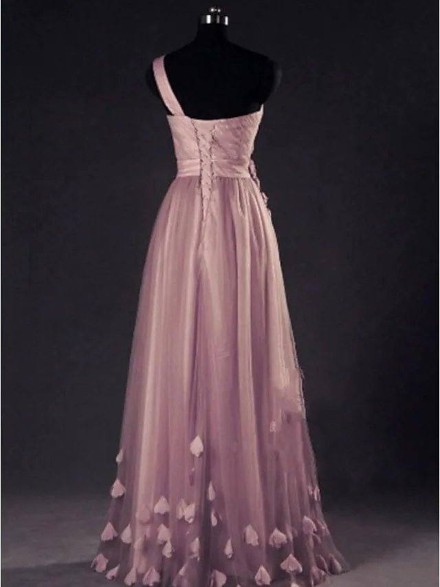 A-Line Elegant Floral Wedding Guest Prom Dress One Shoulder Sleeveless Floor Length Tulle with Appliques - RongMoon