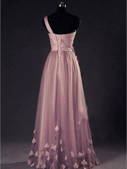 A-Line Elegant Floral Wedding Guest Prom Dress One Shoulder Sleeveless Floor Length Tulle with Appliques - RongMoon