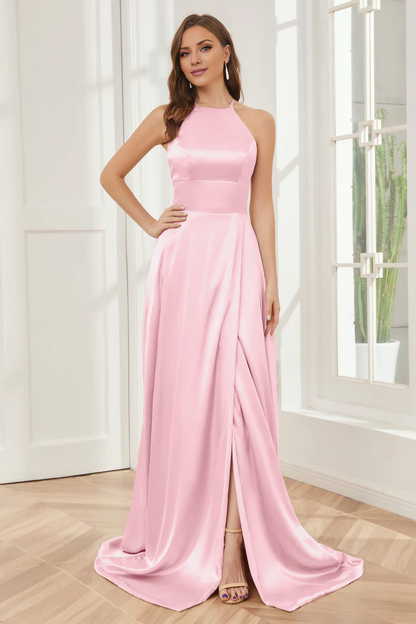 Column neck hanging soft satin and floor length bridesmaid dress