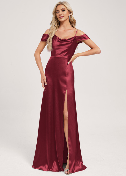 A-line off-the-shoulder floor-length satin bow ruffled bridesmaid dress