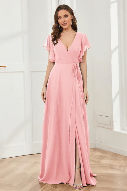 V-neck ruffled sleeve chiffon slit and floor length bridesmaid dress