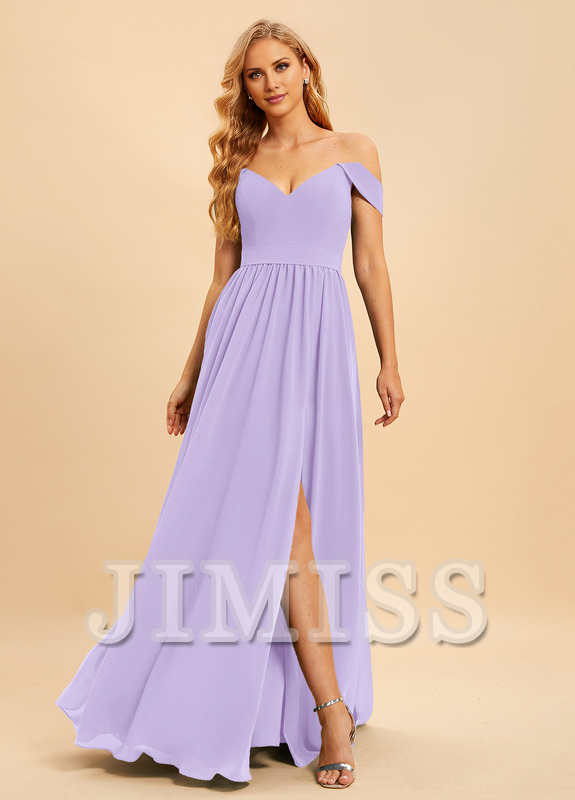 A-line off-the-shoulder floor-length chiffon bridesmaid dress