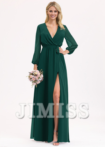 A-Line V-Neck Floor Length Chiffon Bow Pleated Bridesmaids Dress