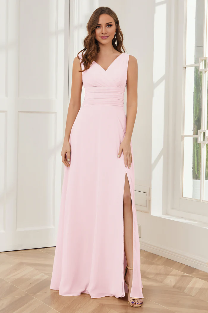 V-neck sleeveless chiffon side slit and floor length bridesmaid dress