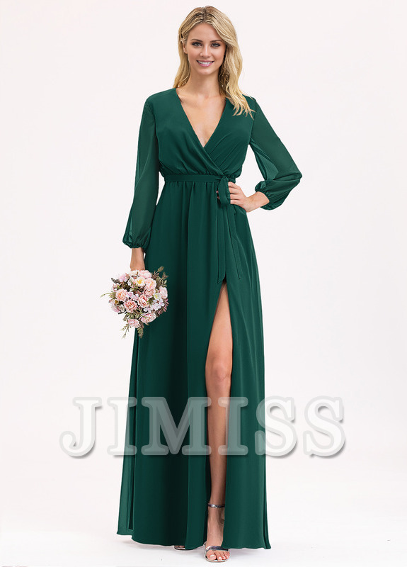 A-Line V-Neck Floor Length Chiffon Bow Pleated Bridesmaids Dress