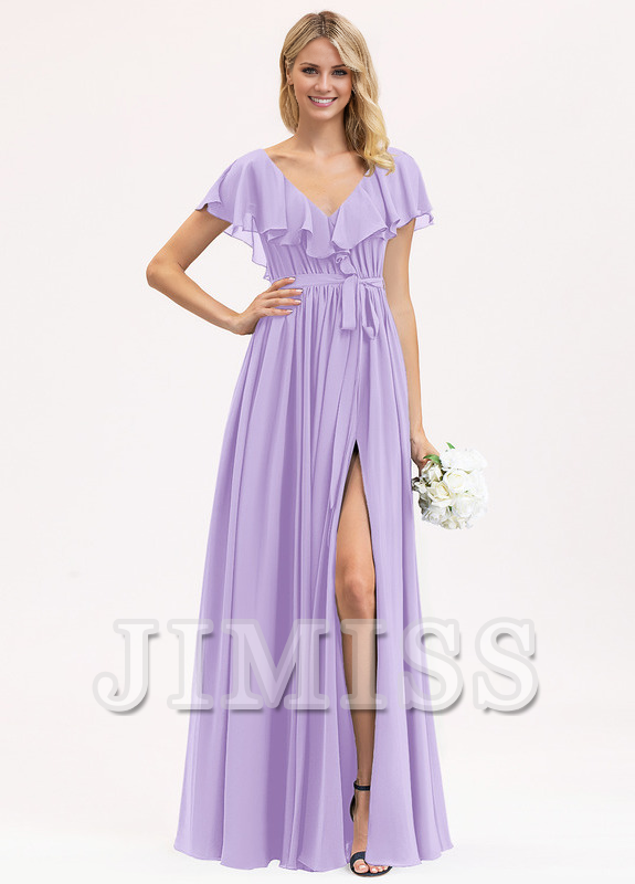 A-line V-neck floor-length chiffon bow tiered ruffle bridesmaid dress