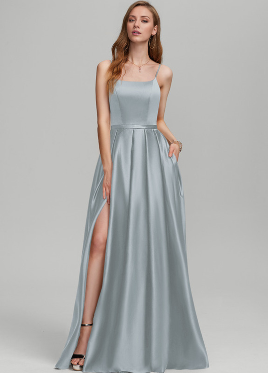 A-Line Square Floor Length Satin Bridesmaids Dress