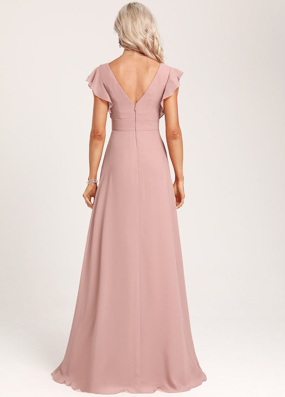 Ruffled A-line V-neck Floor-length Chiffon Bridesmaids Dress