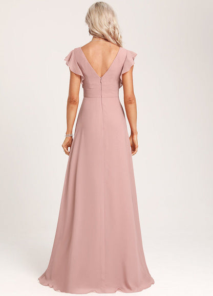 Ruffled A-line V-neck Floor-length Chiffon Bridesmaids Dress