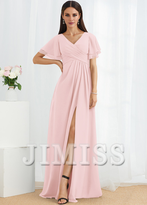 A-line V-neck floor-length chiffon bridesmaid dress