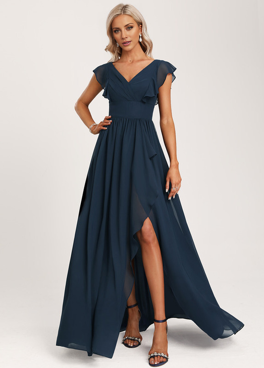 Ruffled A-line V-neck Floor-length Chiffon Bridesmaids Dress