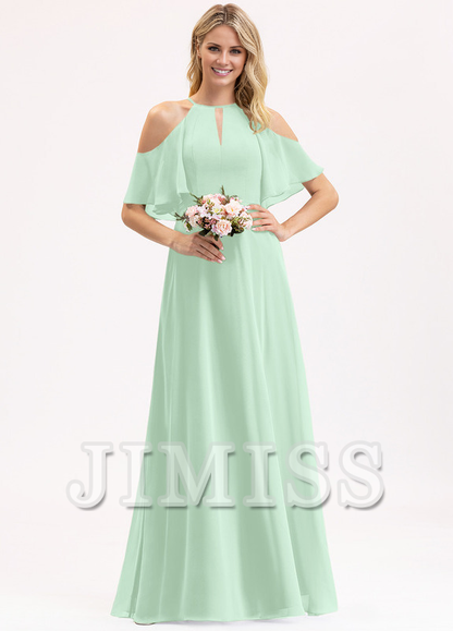 A-line off-the-shoulder scoop neck floor-length chiffon bridesmaid dress