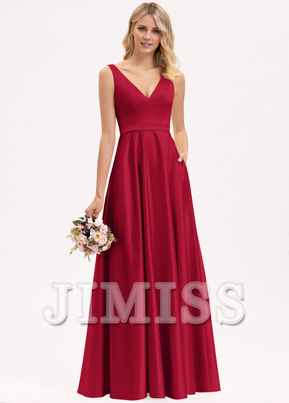 A-line V-neck floor-length satin bridesmaid dress