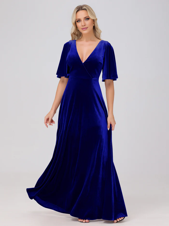 A-line V-neck short sleeved velvet and floor length bridesmaid dress