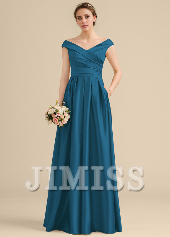 Ruffled A-Line Off-The-Shoulder Floor-Length Satin Bridesmaids Dress