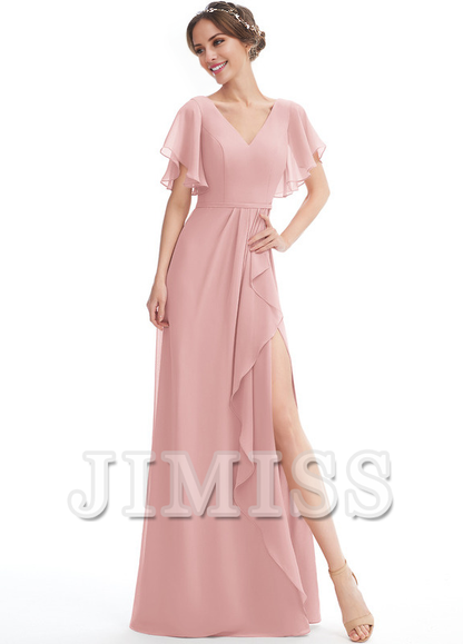 Ruffled A-line V-neck Floor-length Chiffon Bridesmaids Dress