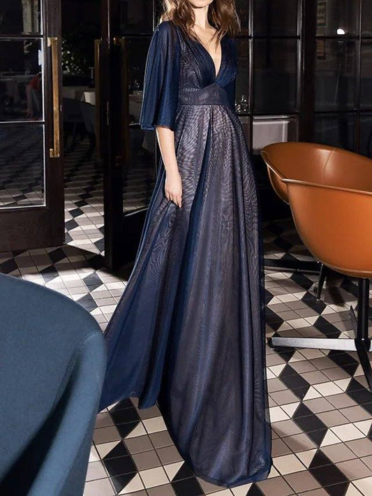 A-Line Empire Elegant Wedding Guest Formal Evening Dress V Neck Half Sleeve Floor Length Tulle with Pleats - RongMoon
