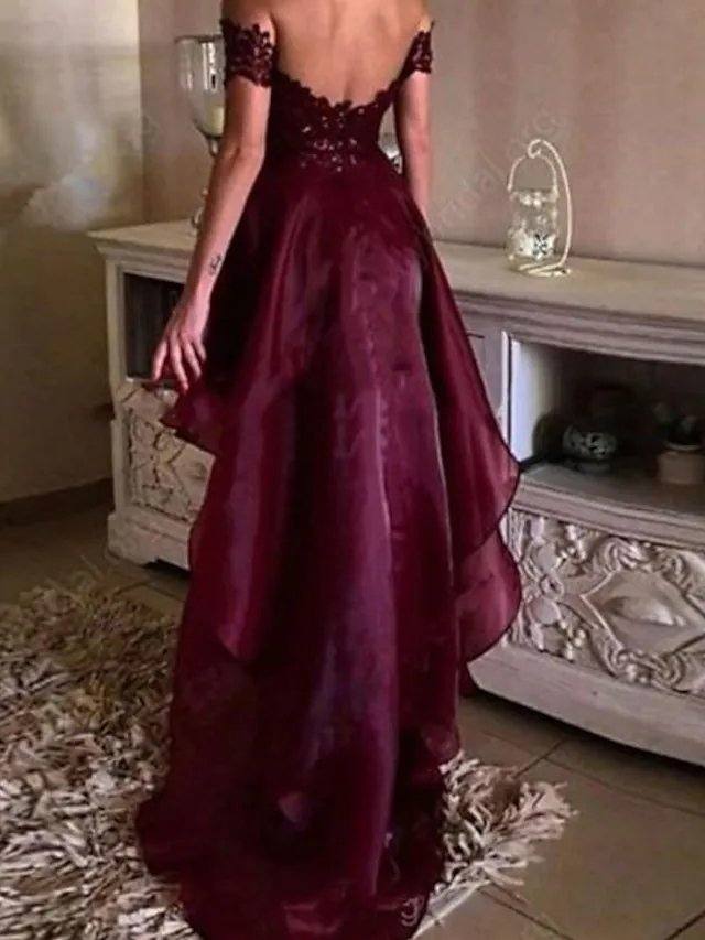 A-Line Beautiful Back Sexy Homecoming Cocktail Party Valentine's Day Dress Off Shoulder Sleeveless Asymmetrical Polyester with Ruffles Appliques - RongMoon