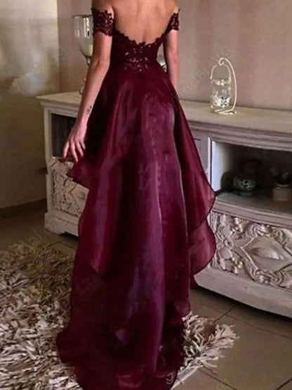 A-Line Beautiful Back Sexy Homecoming Cocktail Party Valentine's Day Dress Off Shoulder Sleeveless Asymmetrical Polyester with Ruffles Appliques - RongMoon