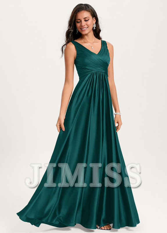 Ruffled A-line V-neck Floor-length Satin Bridesmaids Dress