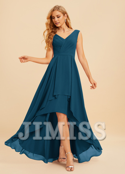 A-Line V-Neck Asymmetric Ruffle Chiffon Bridesmaids Dress
