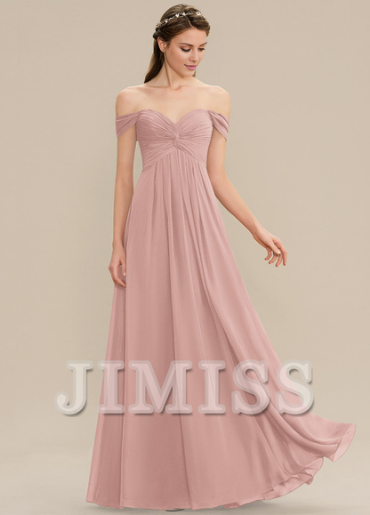 Ruffled A-line Off-the-shoulder Floor-length Chiffon Bridesmaids Dress