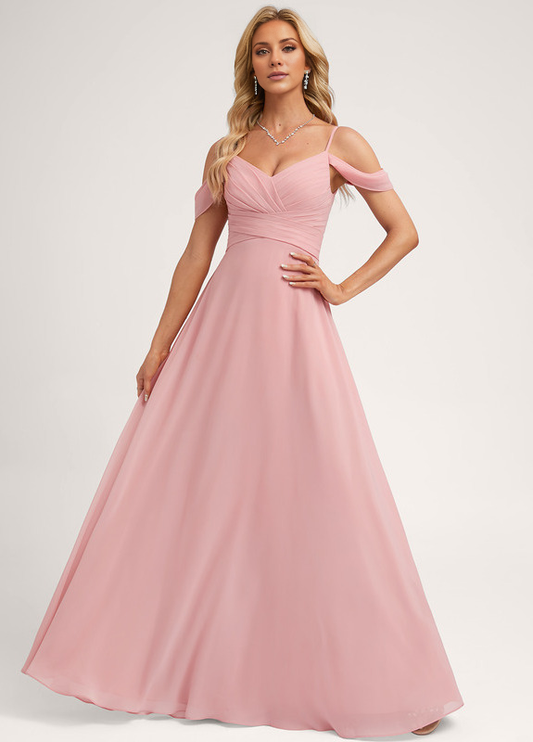 A-line off-shoulder floor-length chiffon bridesmaid dress