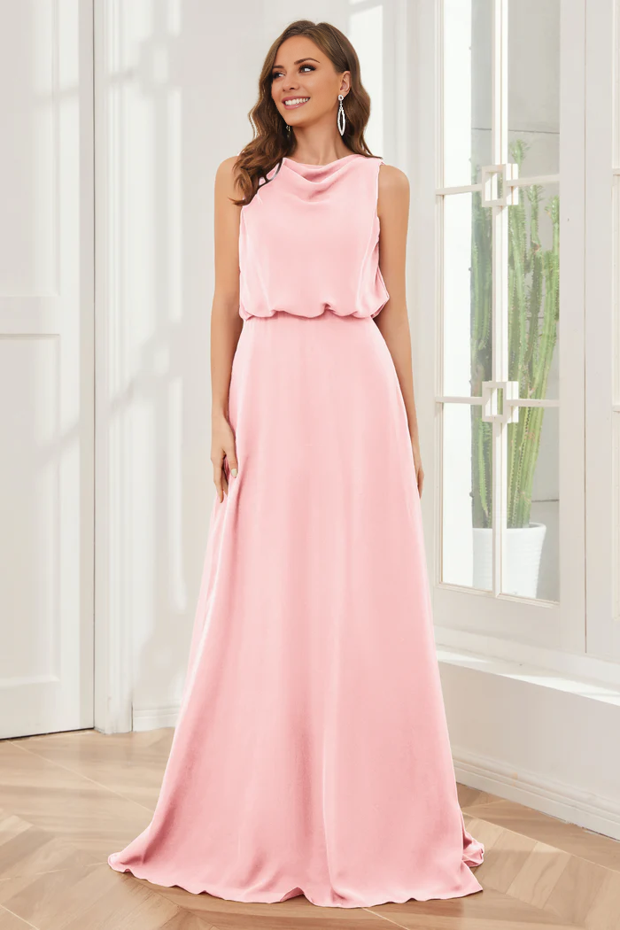 Pillar style wind neck sleeveless chiffon and floor length bridesmaid dress