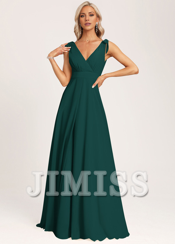 A-line V-neck floor-length chiffon bow bridesmaid dress