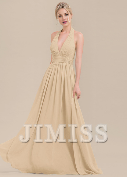 Ruffled A-Line Halter Neck Floor Length Chiffon Bridesmaids Dress