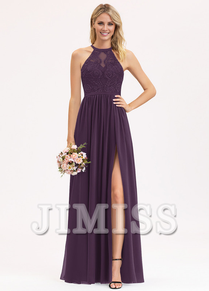 A-line Scoop Neck Floor Length Lace Chiffon Bridesmaids Dress