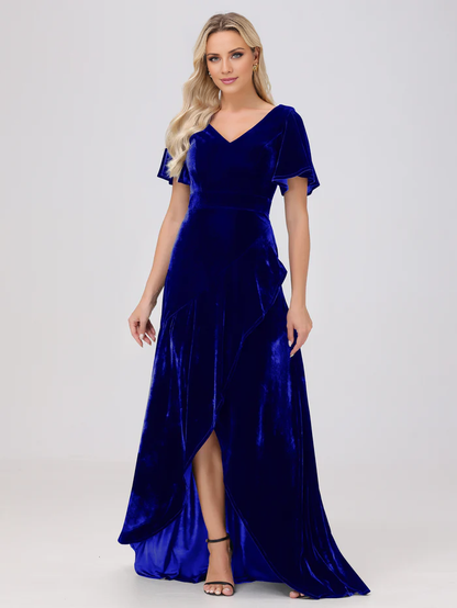 V-neck short sleeved ruffled velvet and floor length bridesmaid dress