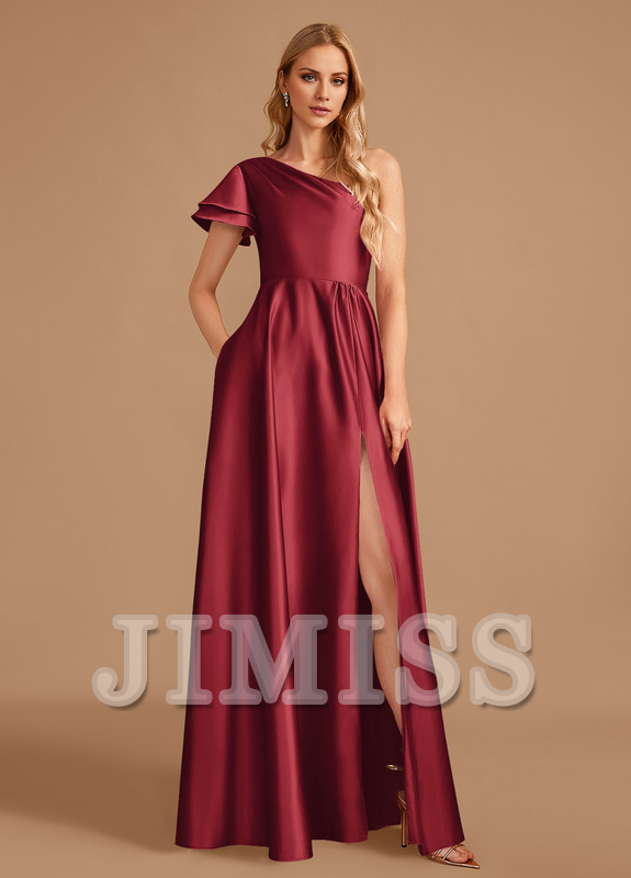 A-line one-shoulder floor-length satin bridesmaid dress