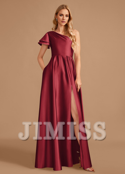 A-line one-shoulder floor-length satin bridesmaid dress