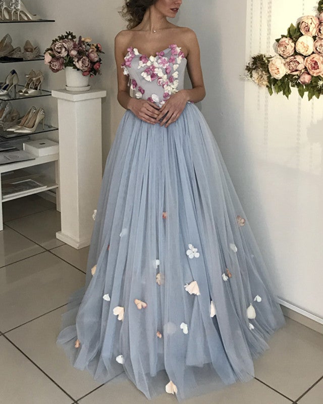 A-line Floral Flowers Sweetheart Tulle Floor Length Wedding Dress