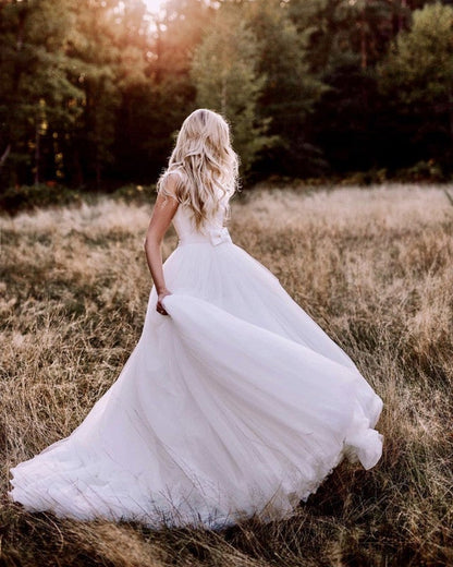 A-line Open Back Organza And Tulle Princess Wedding Dresses With Bow