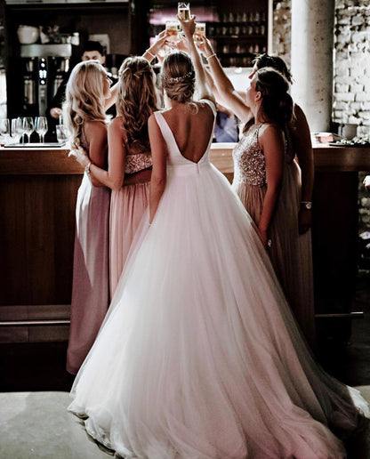 A-line Open Back Organza And Tulle Princess Wedding Dresses With Bow